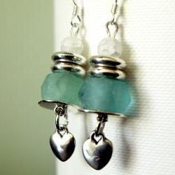 Blue Recycled Glass & White glass Earrings with Heart Charm