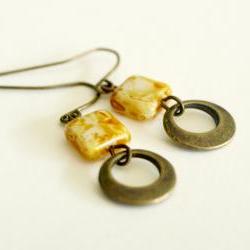 Boho Yellow Earrings-Brass Hoops and Beige Marble Square Czech Glass Earrings