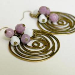 Brass Filigree Spiral with Cluster Glass Boho Chic Dangle Earrings